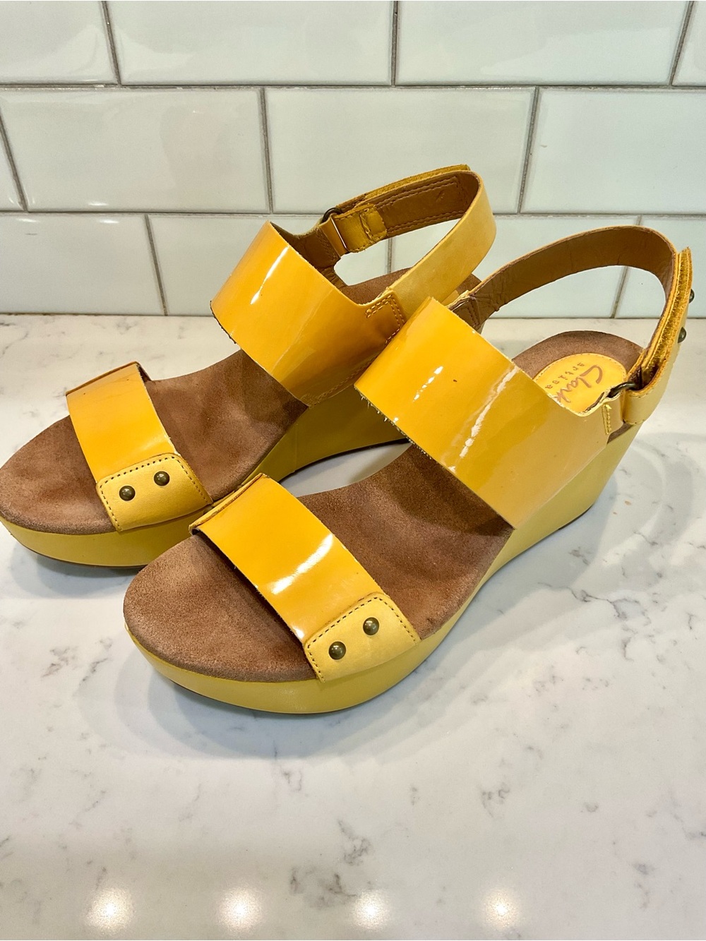 Clarks Yellow Patent Wedge Sandals with Suede Footbed